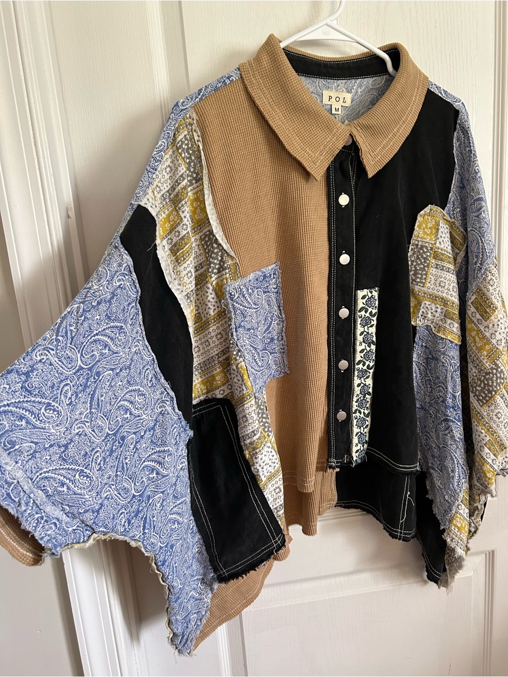 POL Button Shirt NWT Dolman Sleeve Mixed Fabric Western Patchwork Boho Oversized - Picture 4 of 11